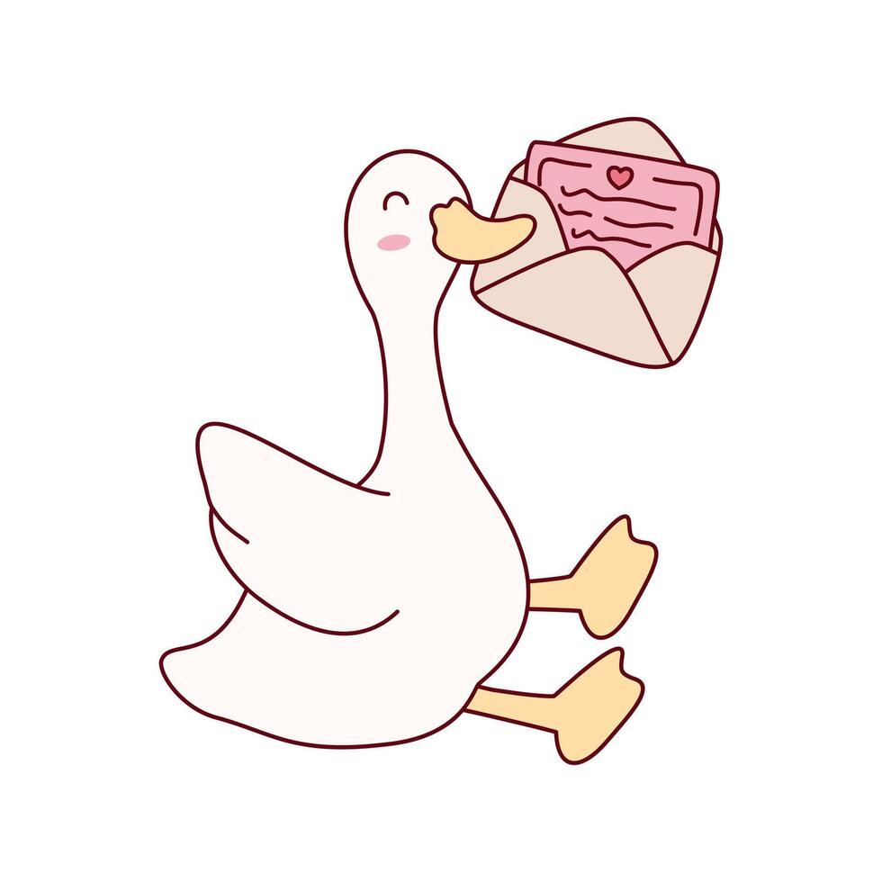 Goose or duck flying and delivering an open love letter in an envelope, symbolizing romance and fast mail. vector