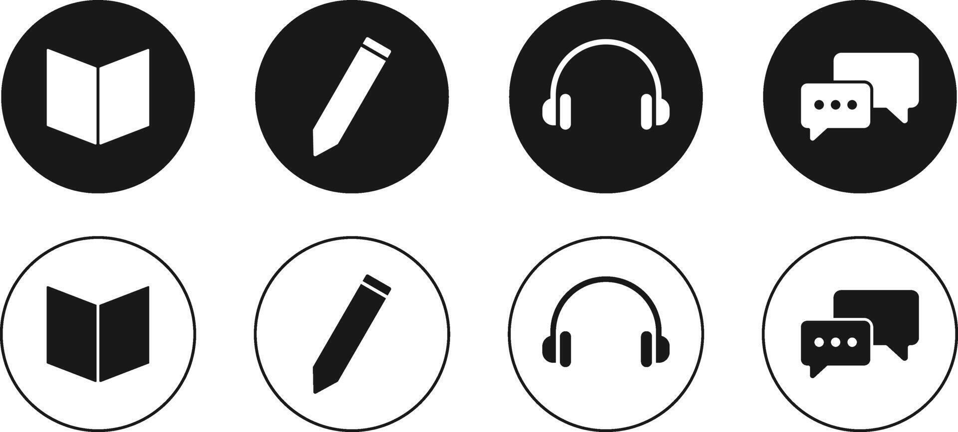 Reading, Writing, Listening, Speaking Language Skill Icon Set. Language Learning Symbols. Speaking, Listening, Reading, Writing Skill Status Icons for Education Apps and Study Materials vector