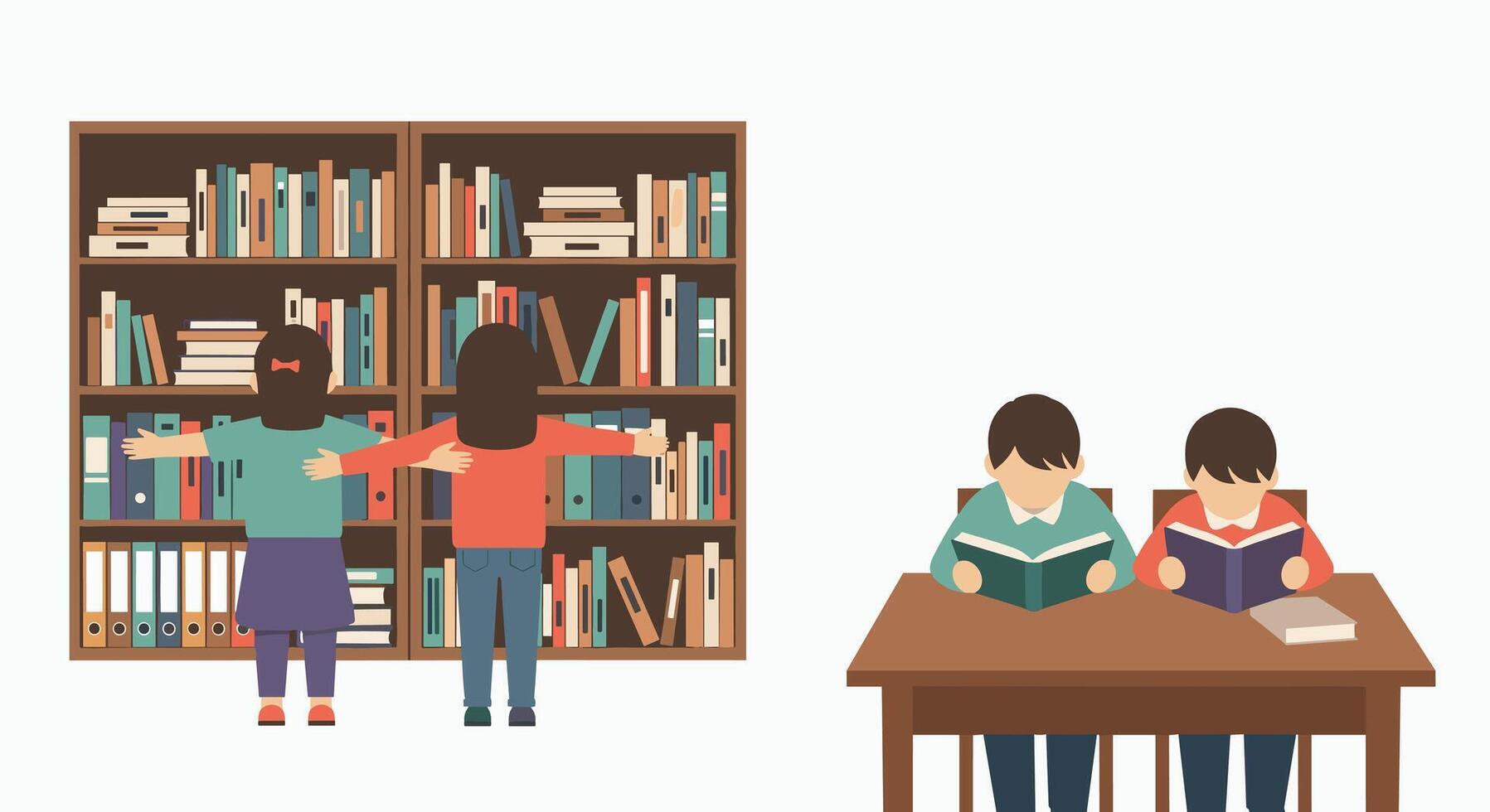 Children enjoy reading books and exercising near a large bookshelf. vector