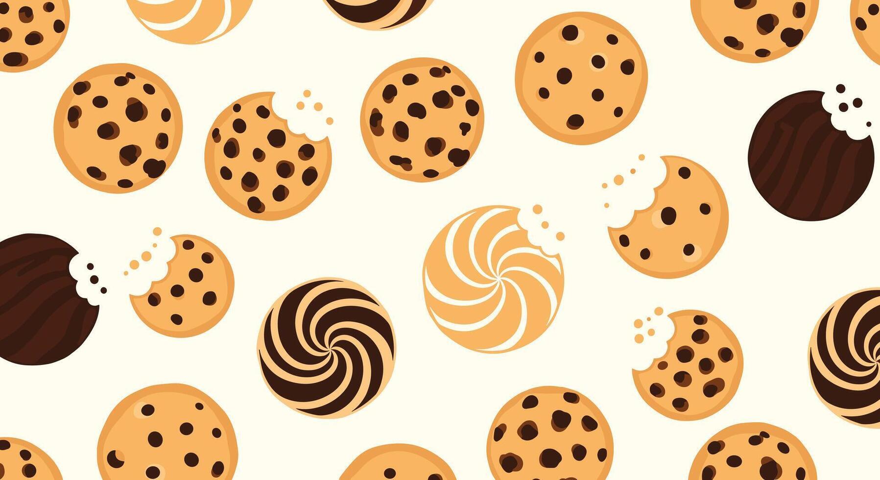 A delightful pattern featuring various delicious cookies with chocolate chips and swirls. vector