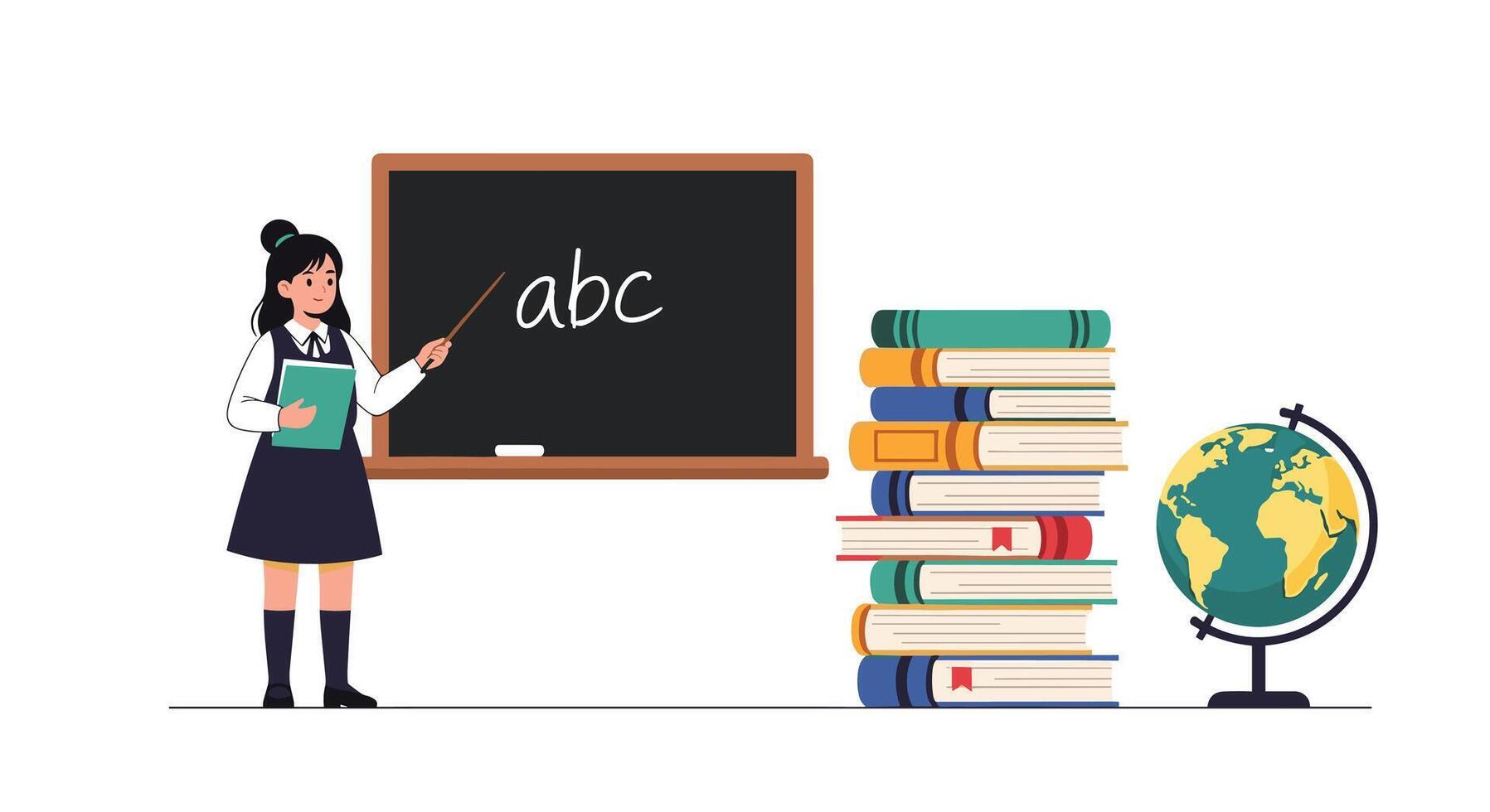 A teacher stands in front of a blackboard with abc written on it next to a stack of books and a globe. vector