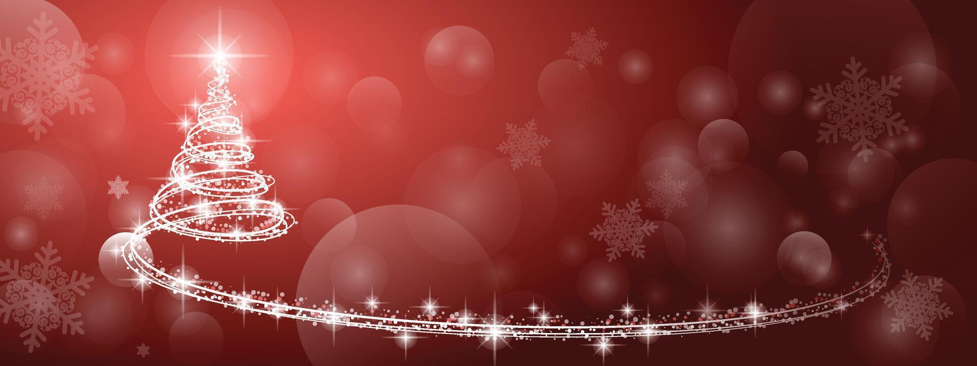 Fairy light spiral shiny sparkling christmas tree lines banner with snowflakes and bokeh on red background vector