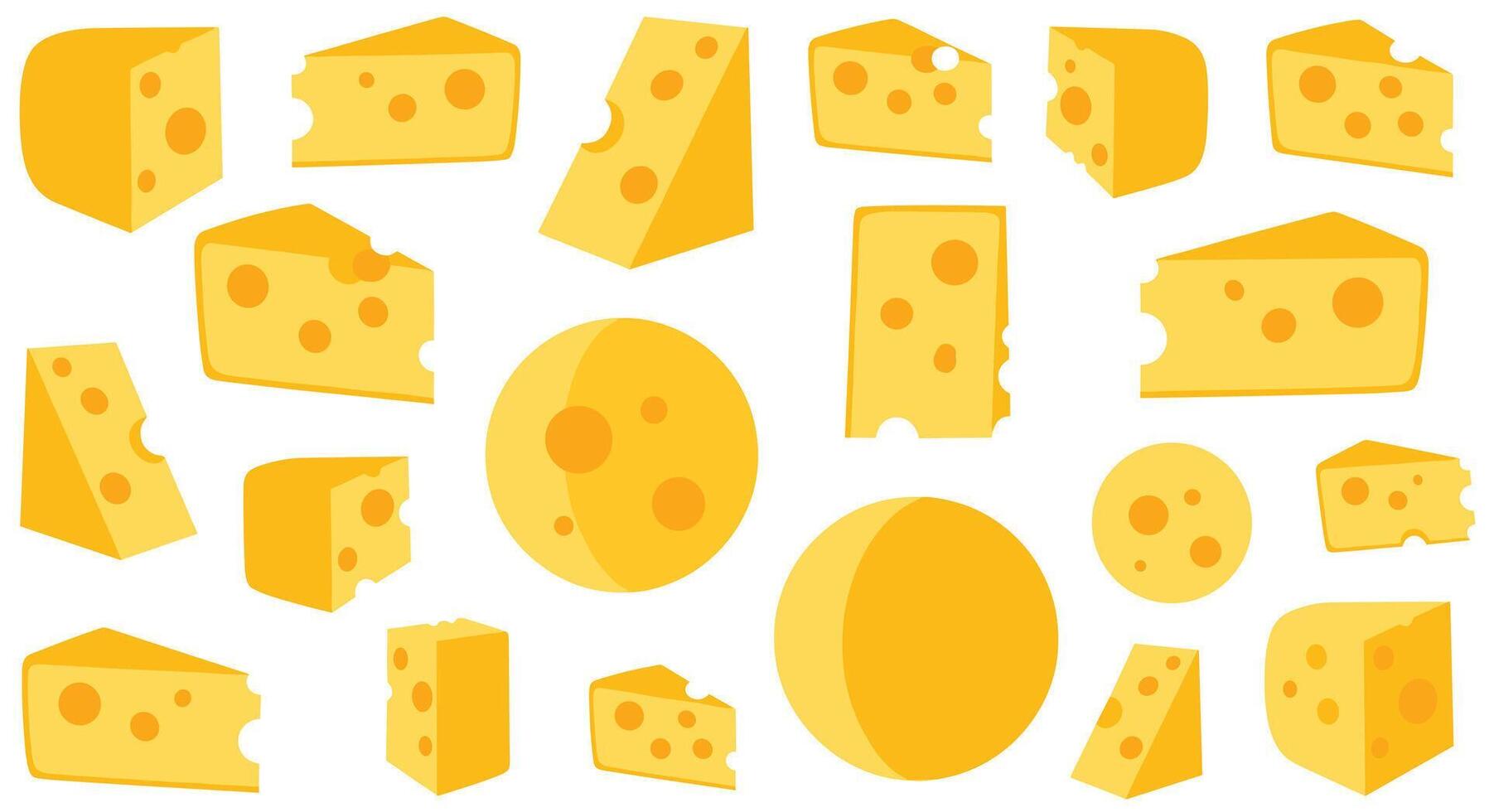 A delicious assortment of various cheese cuts and shapes including wedges rounds and blocks displayed on a white background. vector