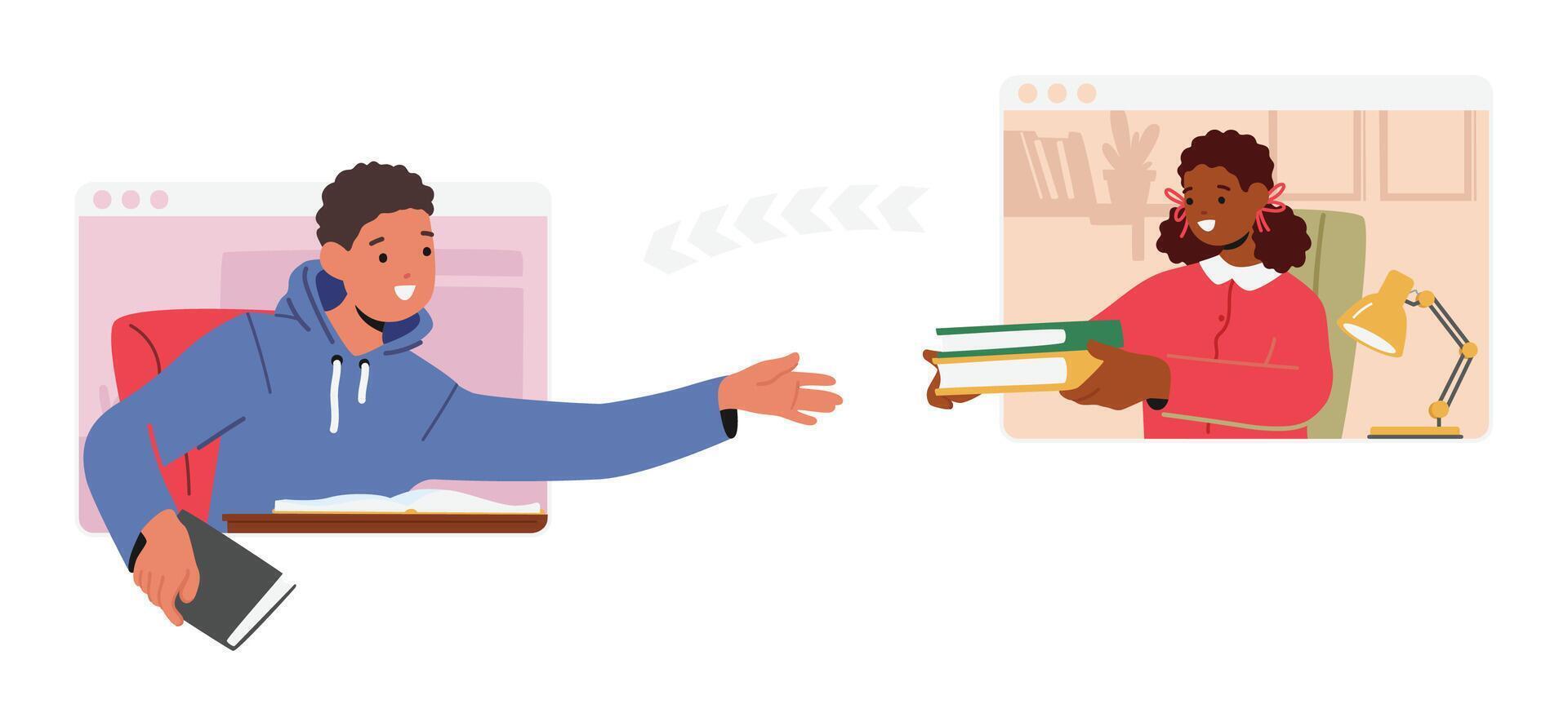 aprendizaje electrónico, en línea educación concepto. computadora monitores con compañeros de clase compartir libros de texto niños vía Internet vector