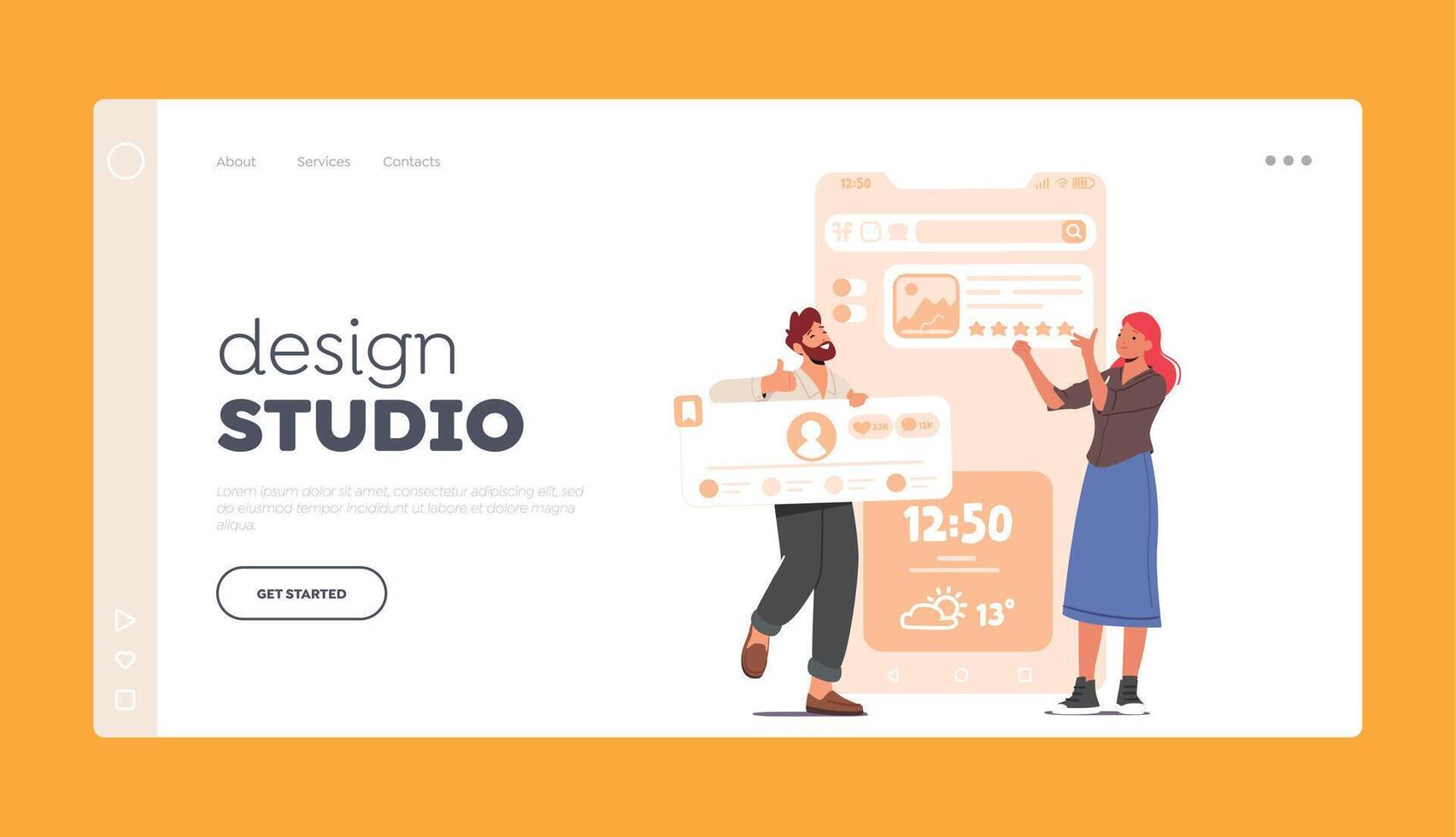 Design Studio Landing Page Template. Designer Characters Working On Website Or Application. Ui Ux Application Design vector