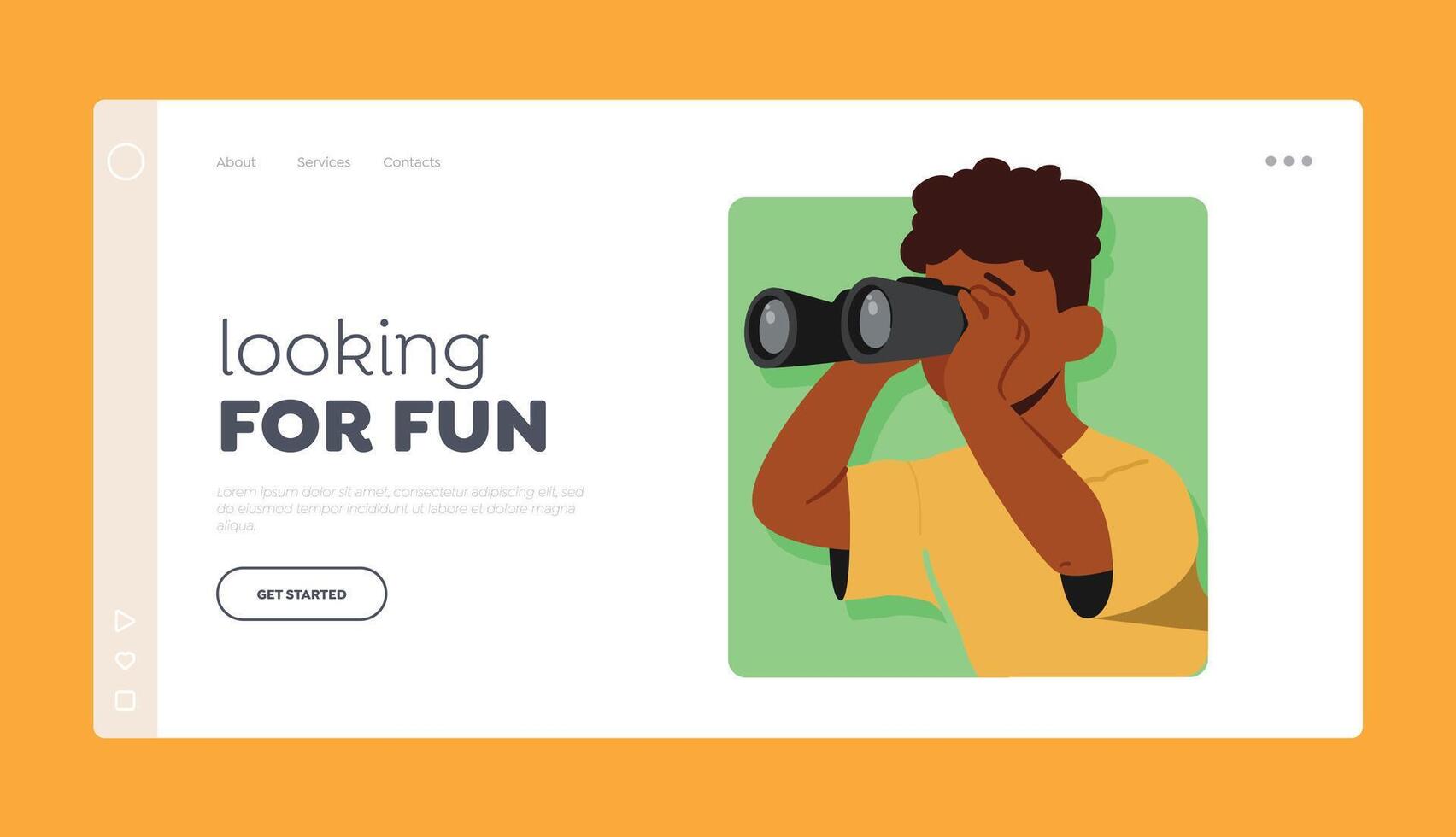 Looking for Fun Landing Page Template. Little Boy Look in Binoculars, Kid Peeking Out Of Green Square Frame vector