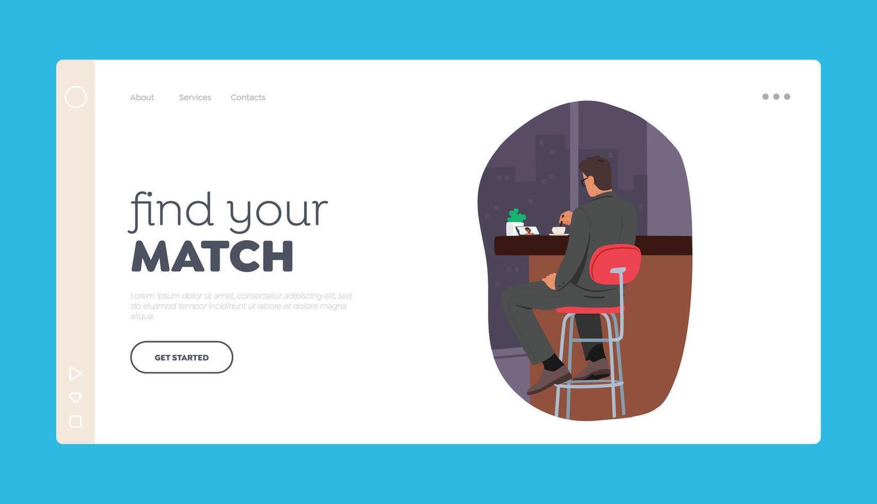 Online Date Landing Page Template. Male Character Sitting in Bar Chatting via Smartphone Application with Woman in Net vector