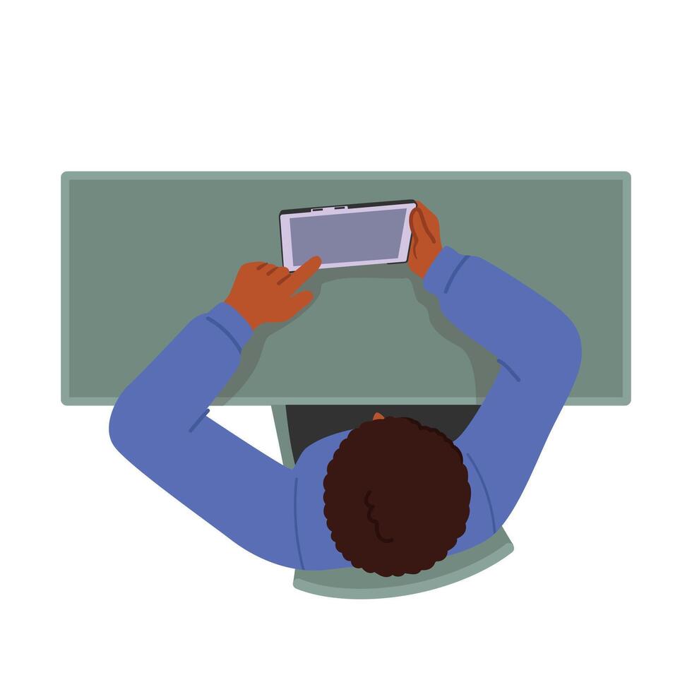 Man With Smartphone Sit At Desk, Male Character Sitting At Workplace In Office With Mobile Phone In Hands Top View vector