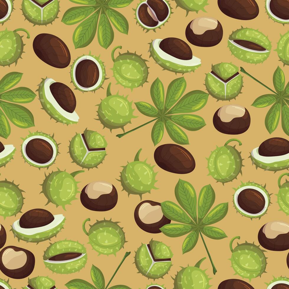 Seamless Pattern With Chestnut Fruits, Green Leaves, Whole And Broken Nuts Tiled Repeated Background vector