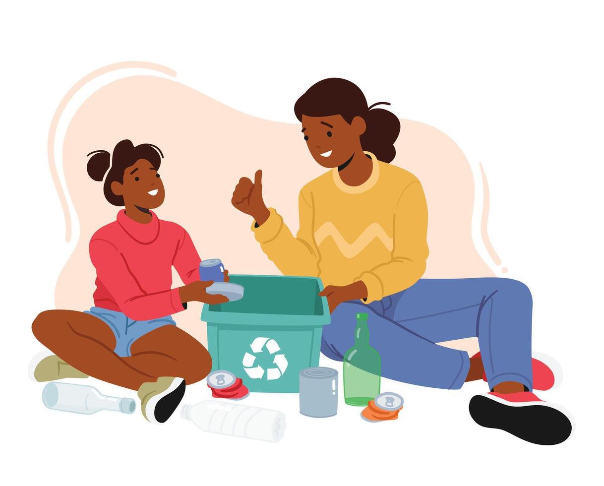 Mother Teaching Daughter Sorting Trash. Kids Separate Garbage into Litter Bin, Waste Management And Responsibility vector