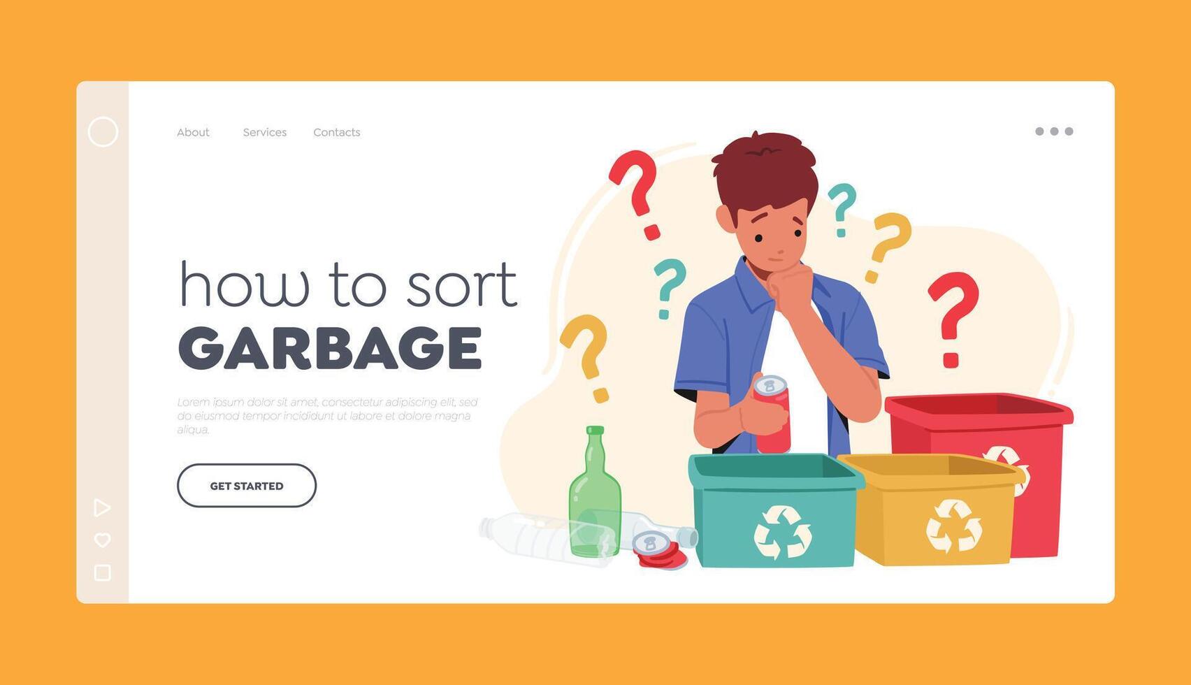 How to Sort Garbage Landing Page Template. Kid Managing Waste, Little Boy Stand at Litter Bins Thinking of Trash Sorting vector