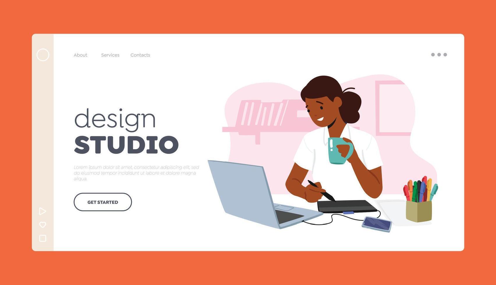 Design Studio Landing Page Template. Young Female Character Graphic Designer Seated At Desk Using Computer Making Sketch vector