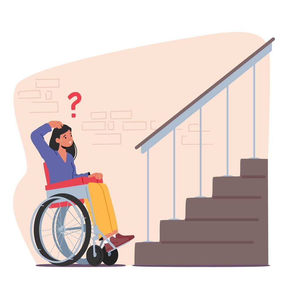 Female Character On Wheelchair Trying To Access Building Porch Without Ramp. Accessibility And Inclusivity vector