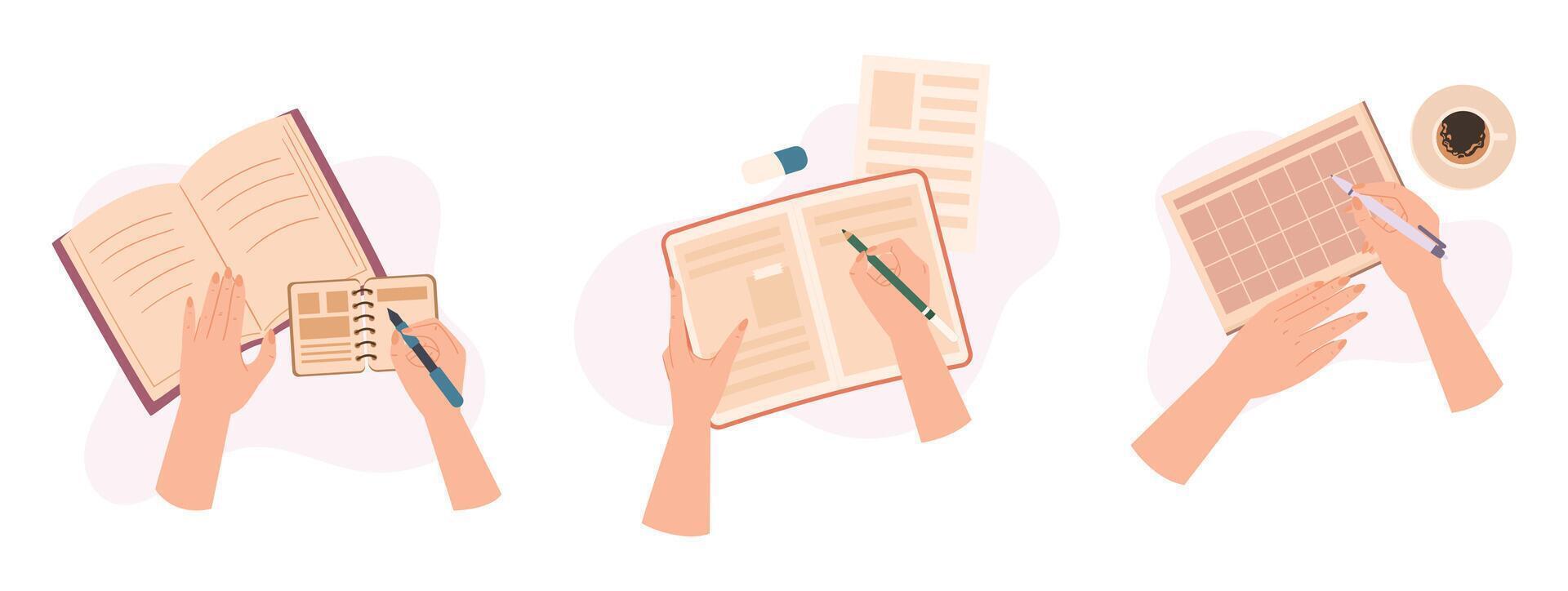 Top View Of Hands With Pen Writing Notes On Notepad and Filling Schedule, Taking Notes During Meeting Or Brainstorming vector