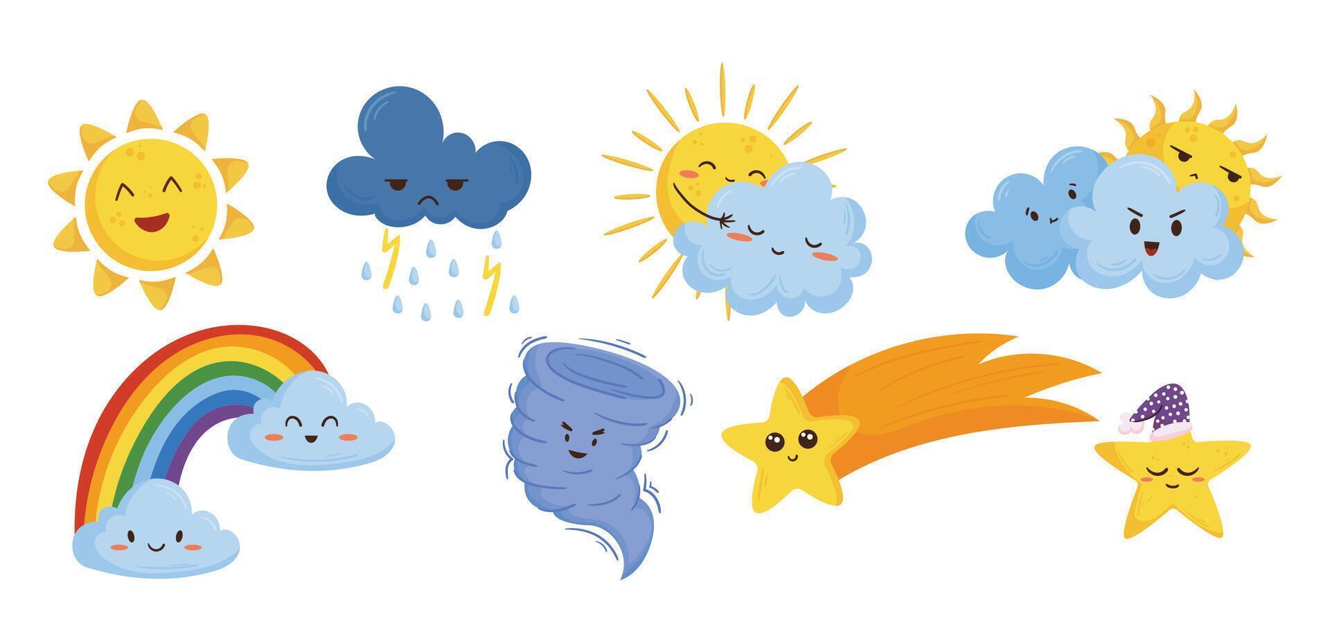Cartoon Weather Characters In Different Moods And Settings, Including A Sunny Sun, Cloudy Cloud, Stormy Thunder vector