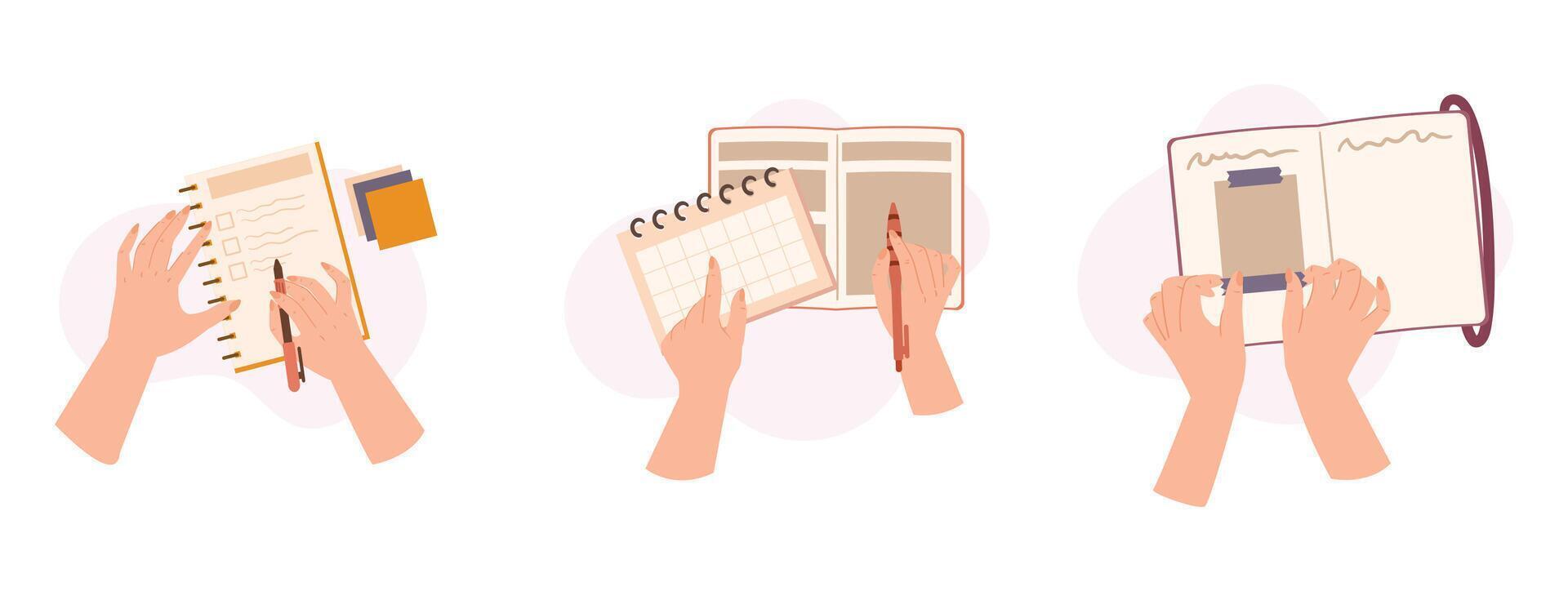 Top View Of Hands Writing Or Making Notes On Paper Notebook Or Diary. Character Write Educational Materials in Office vector