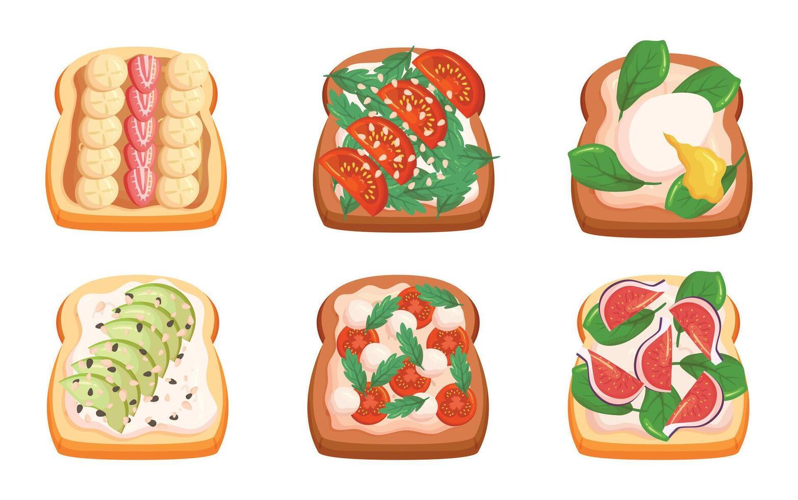 Sandwiches Set Features Different Fillings such as Tomatoes with Mozzarella and Greenery, Strawberry with Banana, Eggs vector