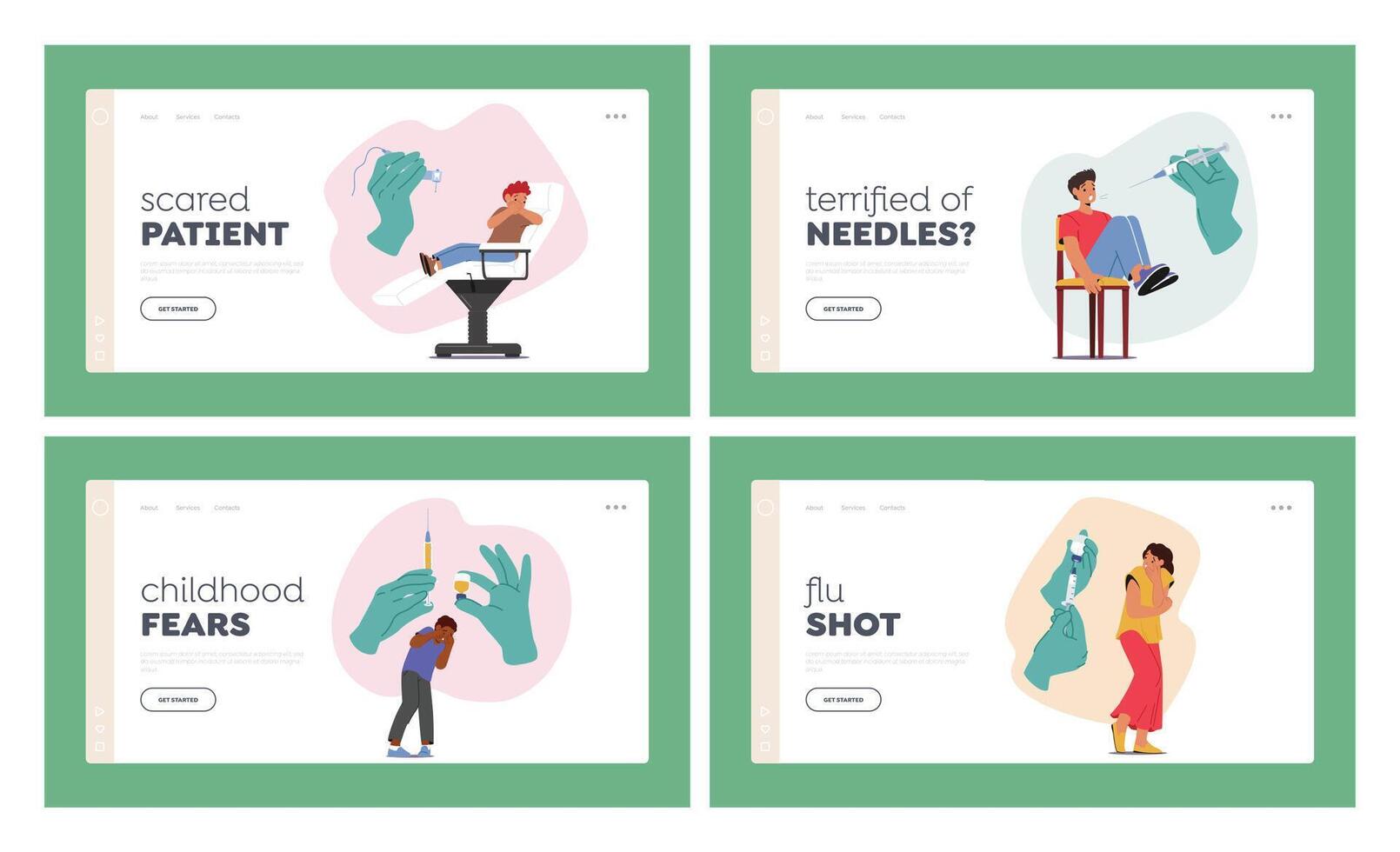 Characters Experience Phobia Of Injections Landing Page Template Set. Reaction Leading To Avoidance Behavior vector