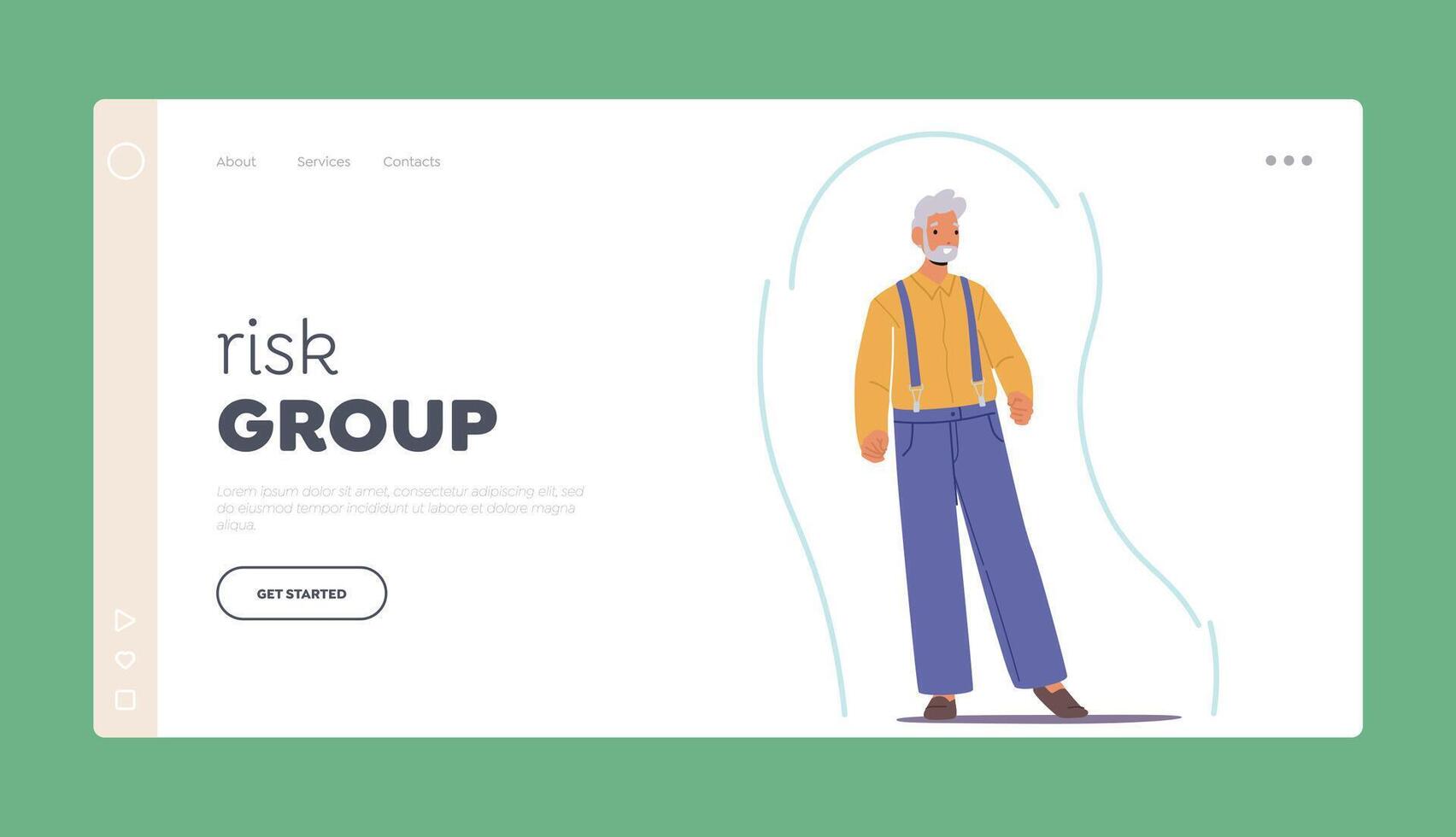 Risk Group Landing Page Template. Senior Man Inside of Strong Immunity Shield, Robust Health And Secure Immune System vector
