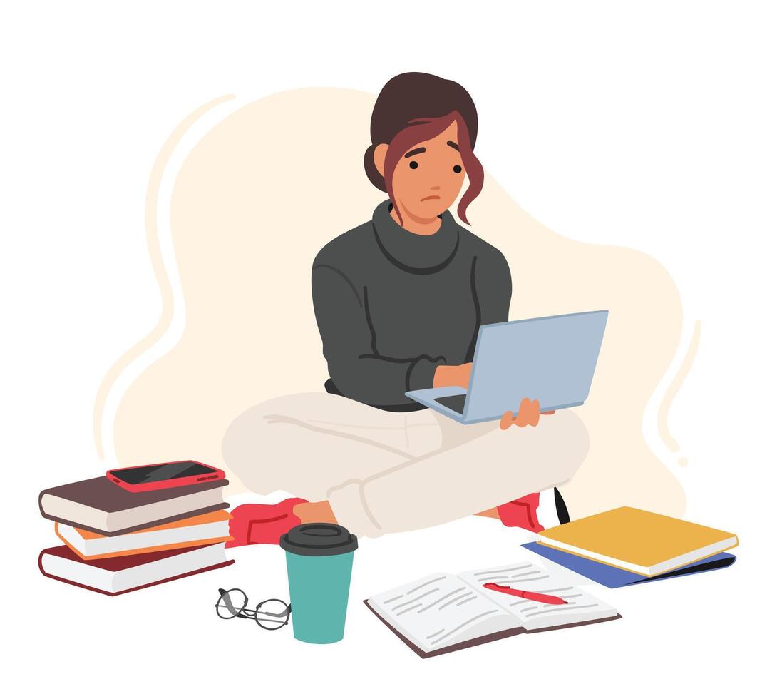 Female Student Character Sitting On Floor With Laptop And Books, Creating A Comfortable Study Space vector
