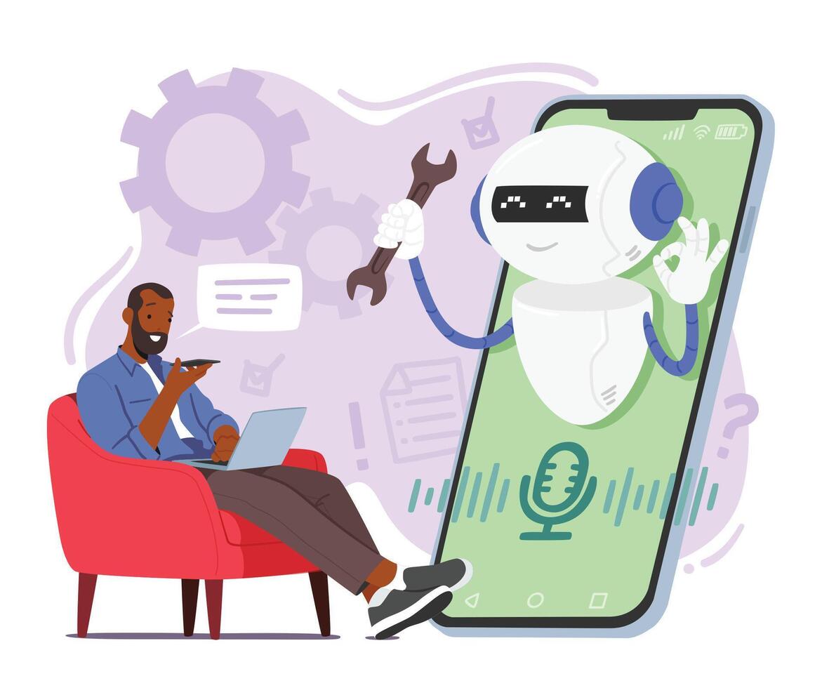 Male Customer Character Use Chatbot Service For Instant Support And Solutions. Image I Promoting Chatbots, Ai vector