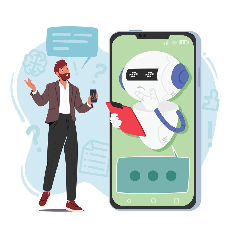 Man Character Utilizes Chatbot For Technical Support, Experiencing A Prompt, Automated, And Hassle-free Resolution vector