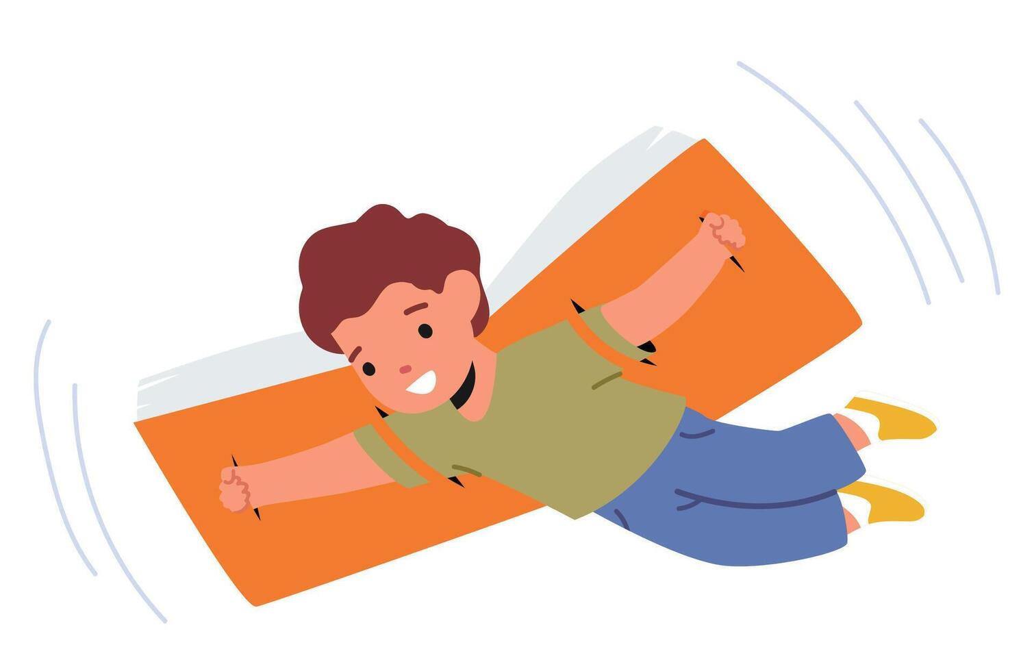 Kid Flying On A Huge Book Wings, Soaring High Above The Clouds With A Look Of Wonder On Face. Imagination vector