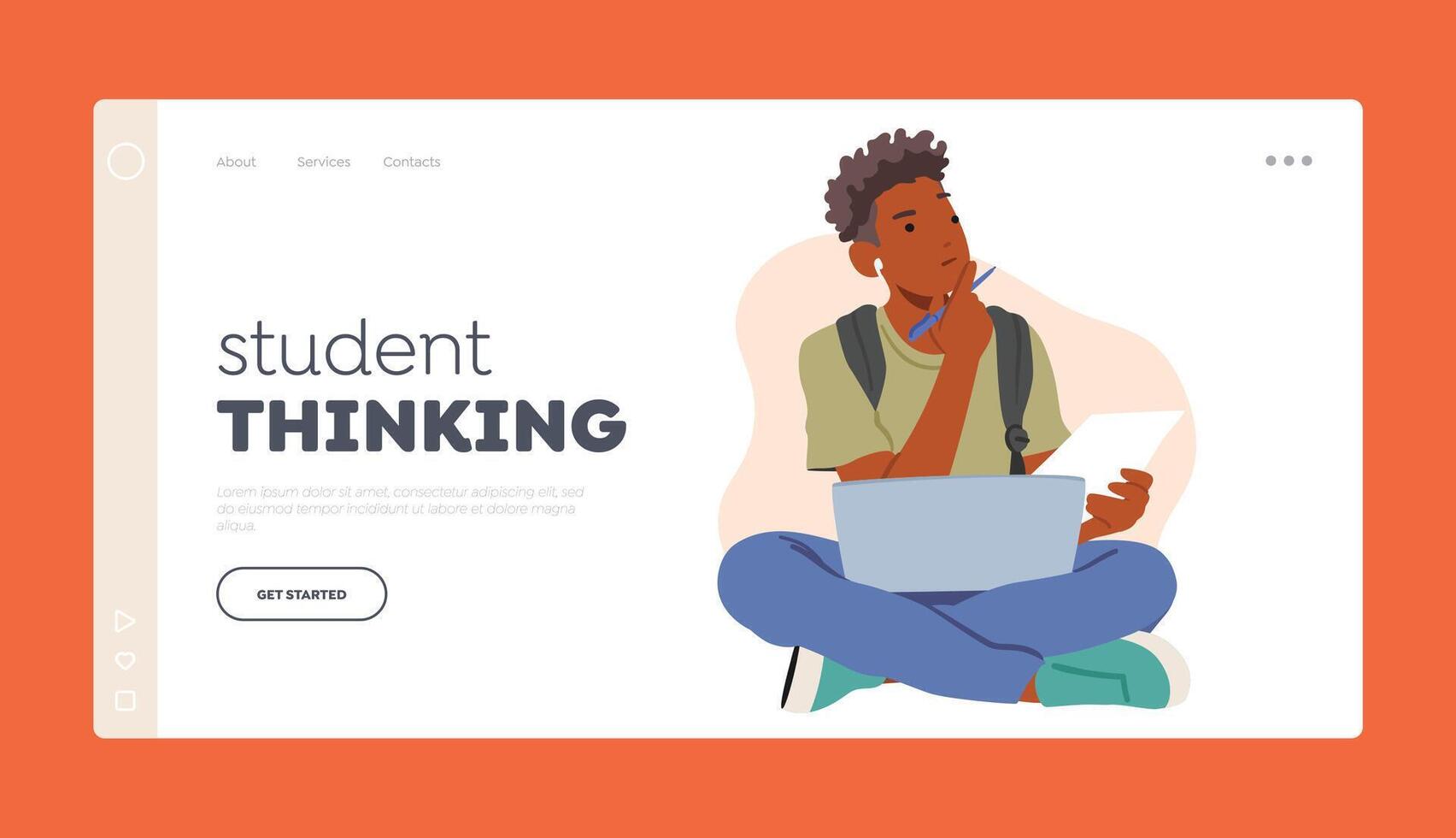 Student Thinking Landing Page Template. Pensive Boy Sitting With Laptop And Paper Sheet Think on task, Studying vector