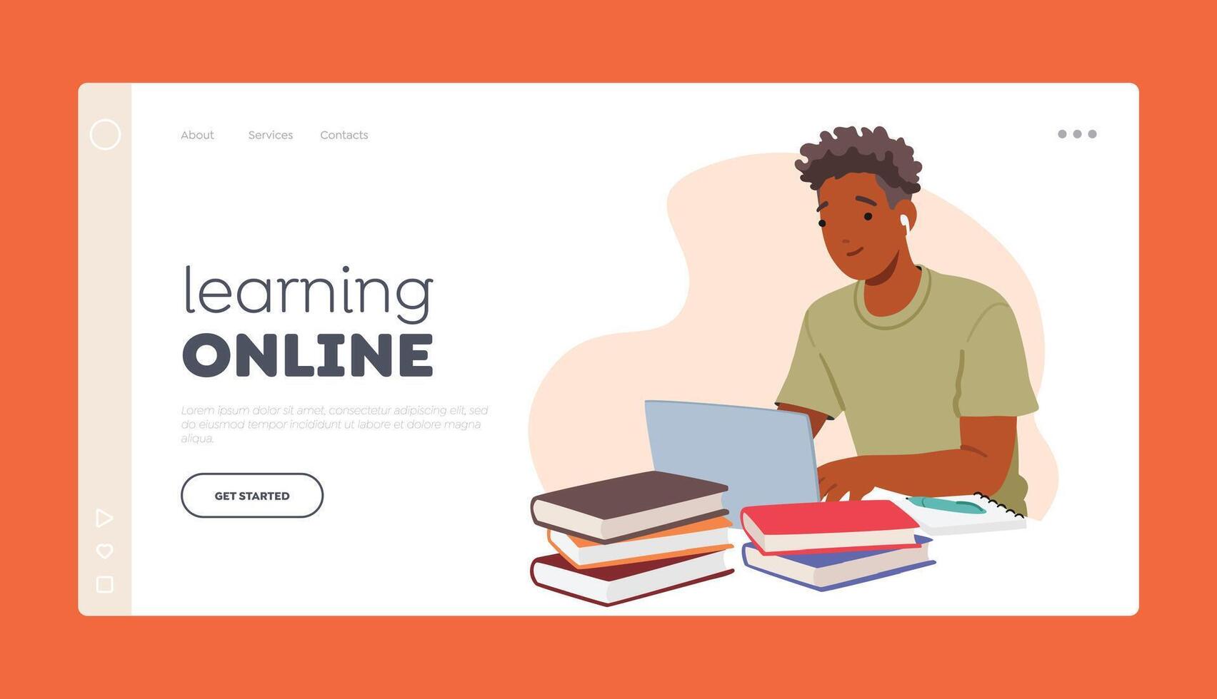 Learning Online Landing Page Template. Student Boy Character Seated At Desk with Laptop, Papers, and Textbooks vector