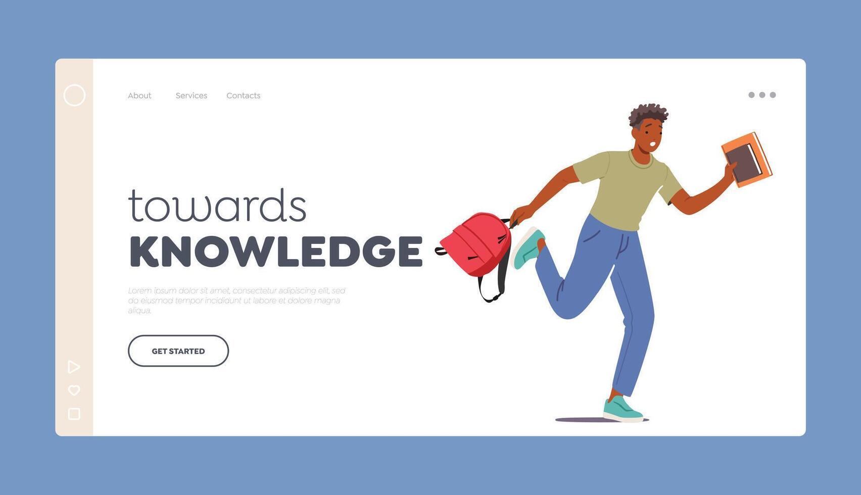 Knowledge Landing Page Template. Concept of Urgency and Student Lifestyle. Student Male Character Running with Backpack vector