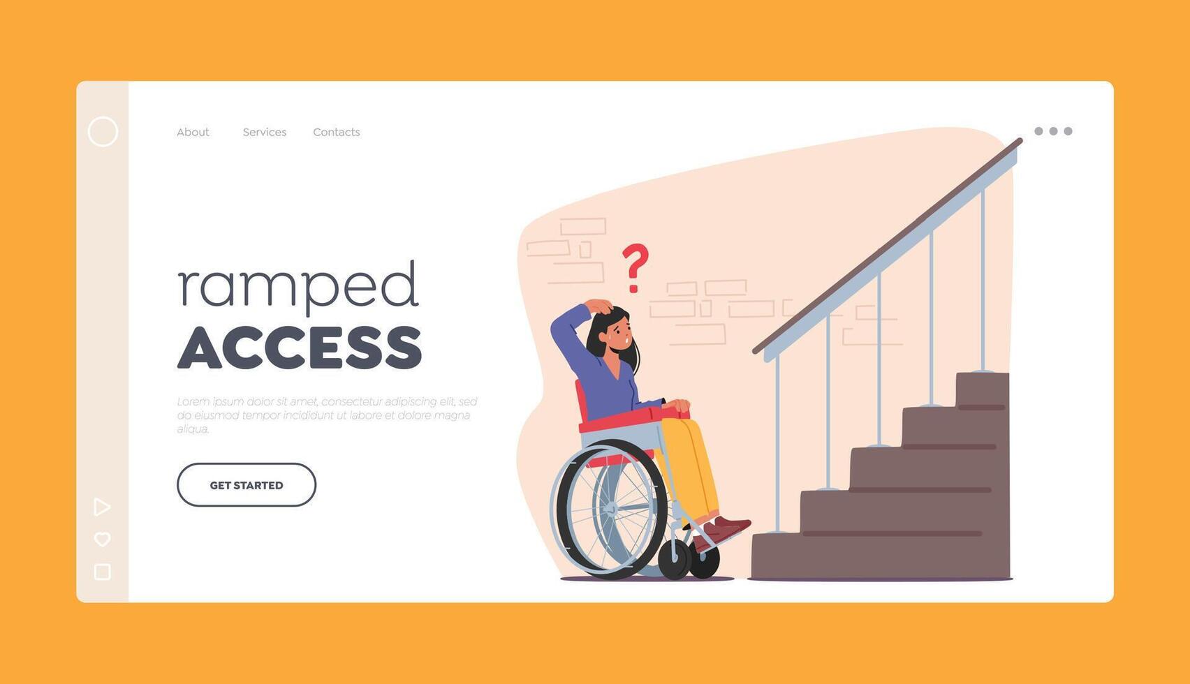 Ramped Access Landing Page Template. Female Character on Wheelchair Trying to Access Building Porch without Ramp vector