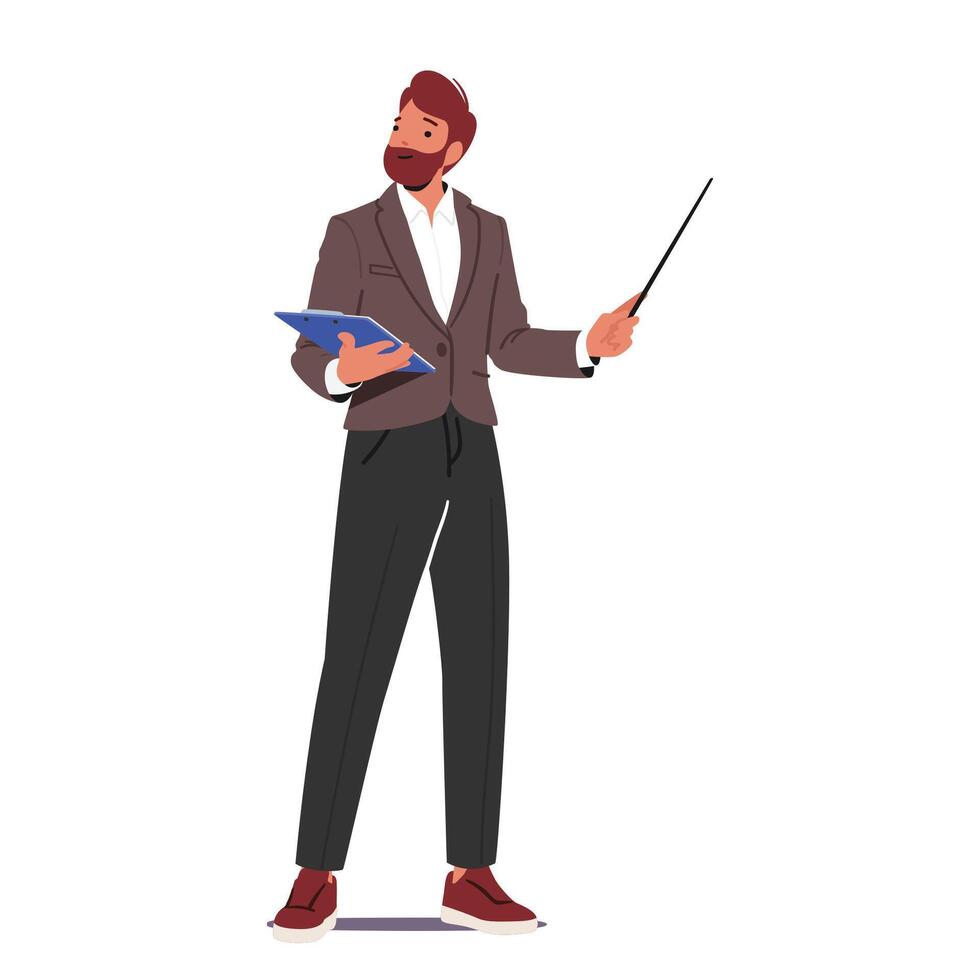 Male Teacher Character Holding Pointer And Clipboard While Explain Lesson, Doing Presentation Illustration vector