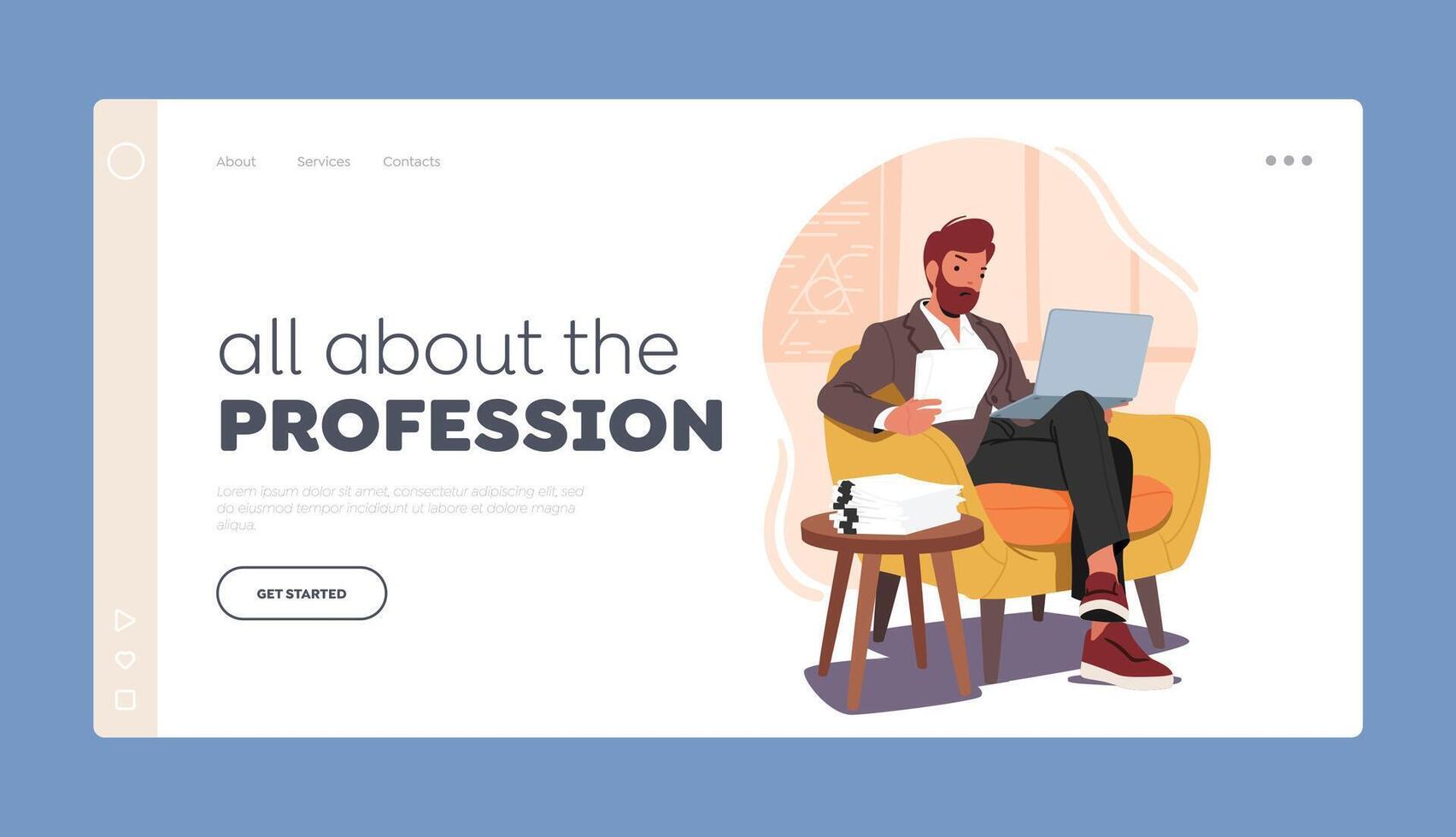 Teacher Profession Landing Page Template. Male Character In Classroom, Holding Notebook While Grading Tests vector