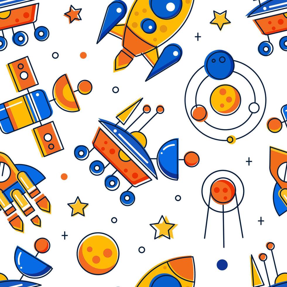Space Travel Design with Rocket and Planet as Cosmic Exploration Seamless Pattern Template vector
