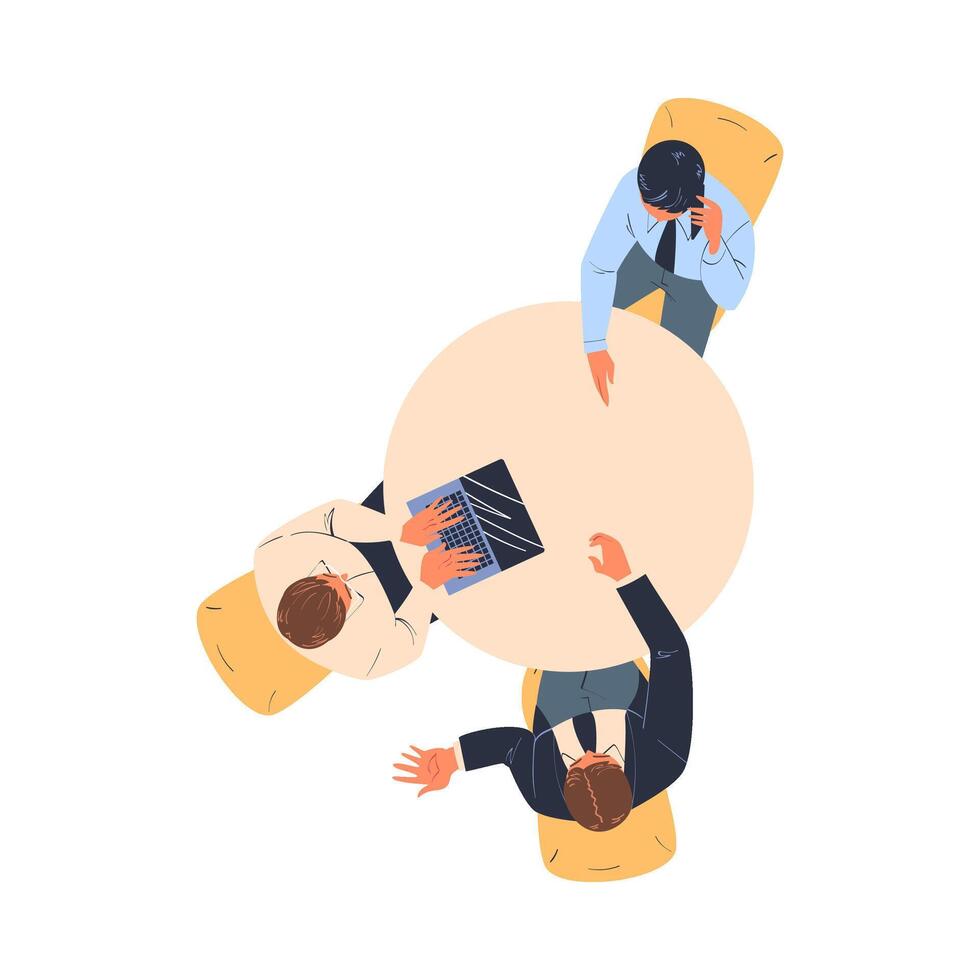 Teamwork with Man Office Worker Brainstorming at Round Table Discussing Project Above View Illustration vector