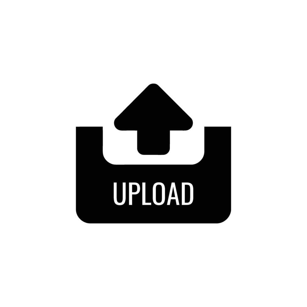Black Square Upload Icon with Arrow Pointing Up and the Word UPLOAD Written Inside vector