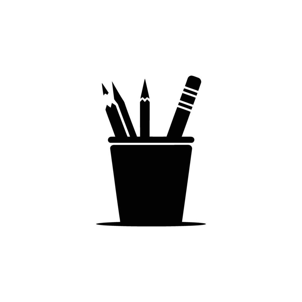 Three pencils with eraser in a simple black container are visible on white vector