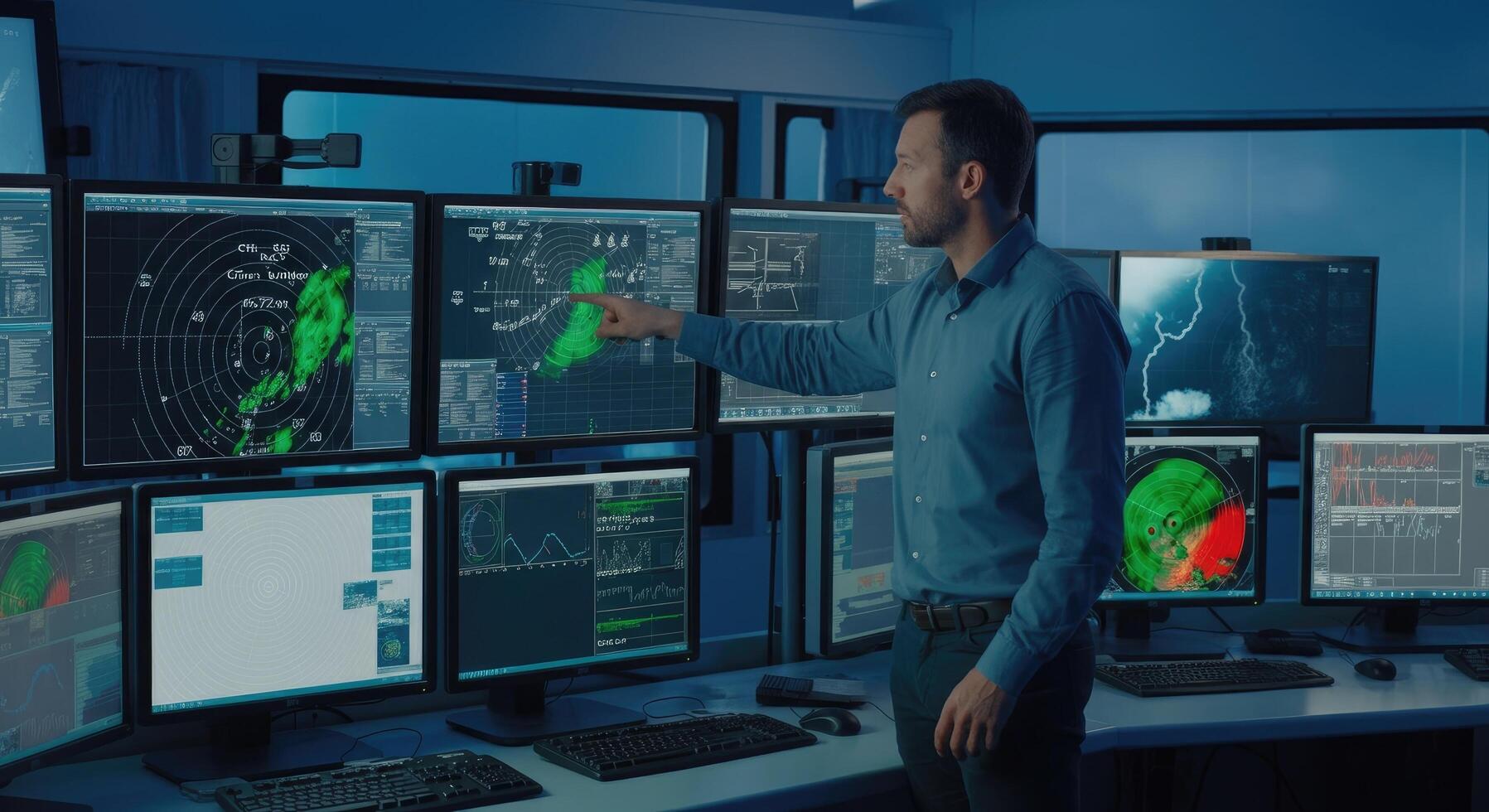 Man operates multiple monitors displaying weather radar data in control room photo