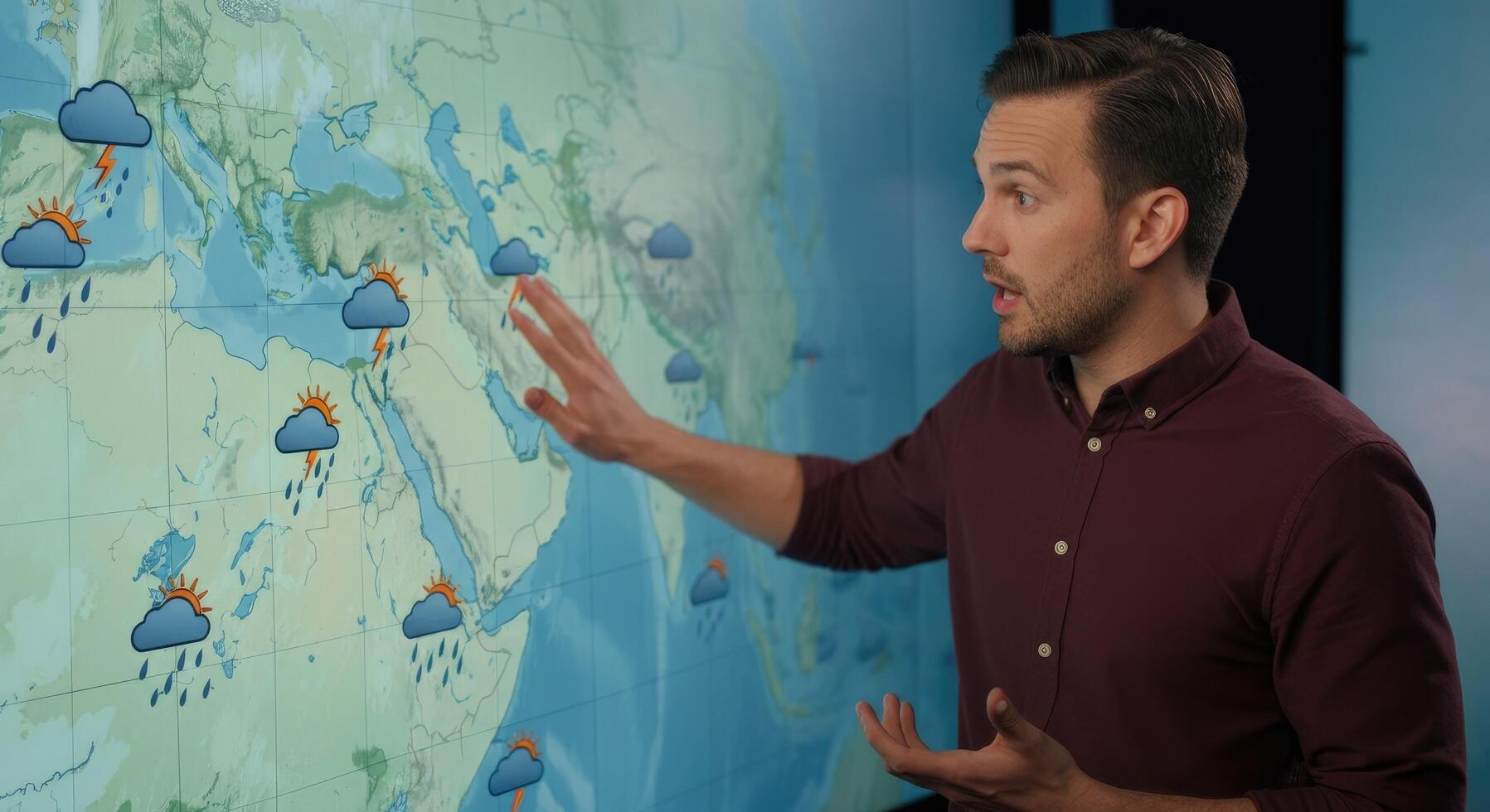 Young man explaining weather forecast in front of large map, featuring rain and storm symbols photo