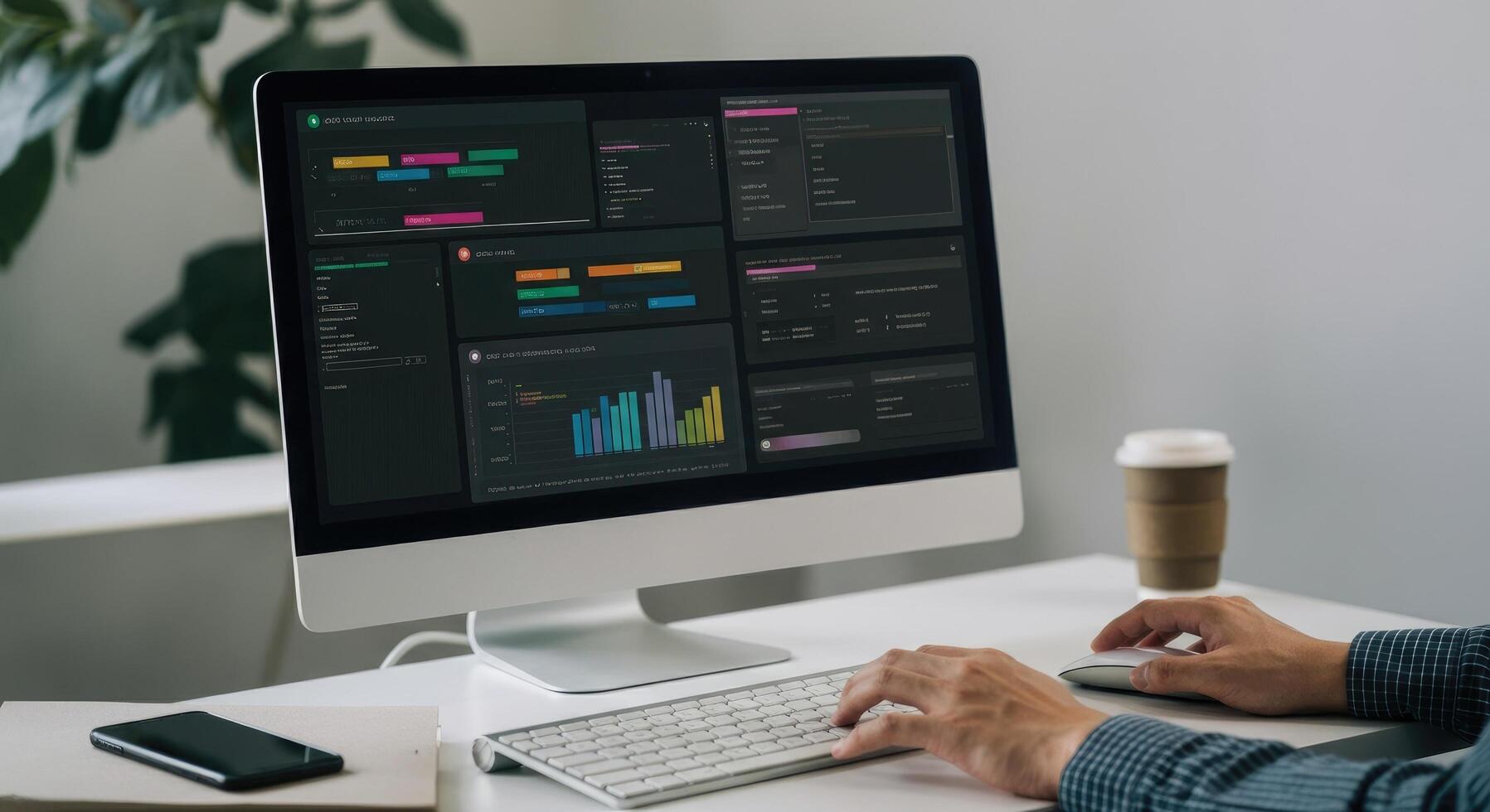 Person working on computer with multiple data visualization dashboards photo