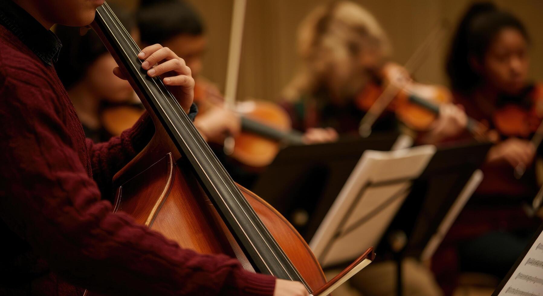 Close-up of cellist with string ensemble in performance photo