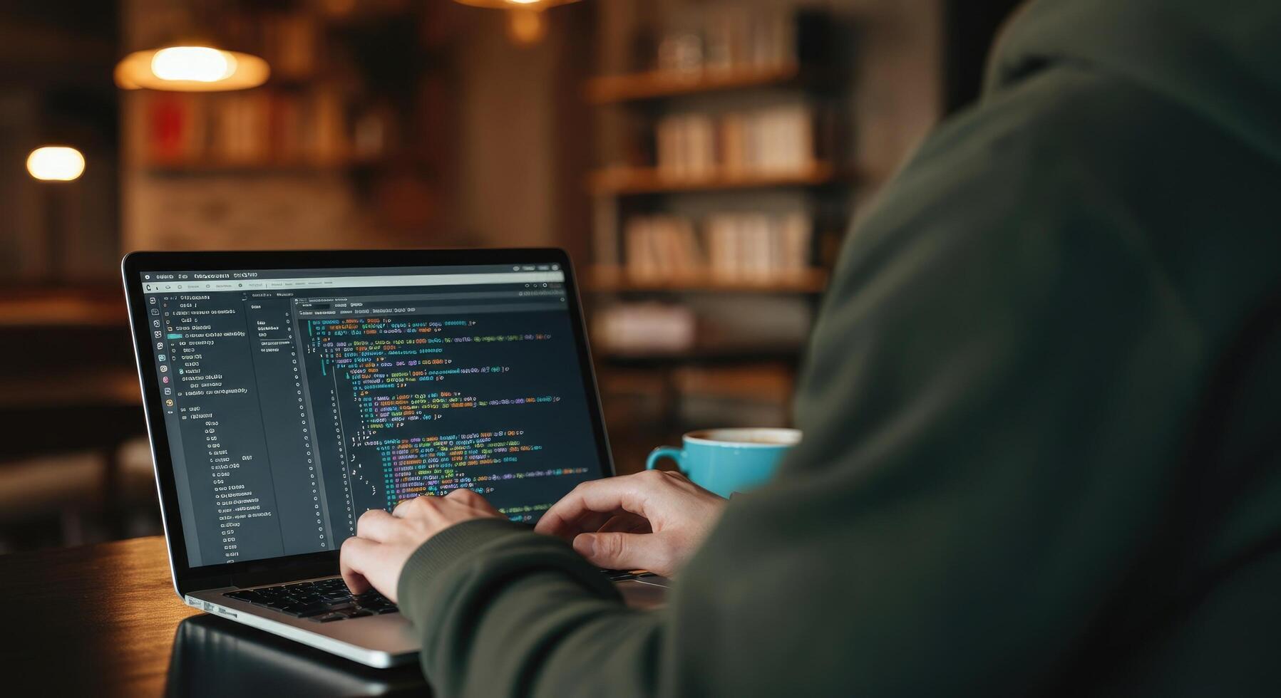 Programmer coding on laptop, working in cozy environment photo