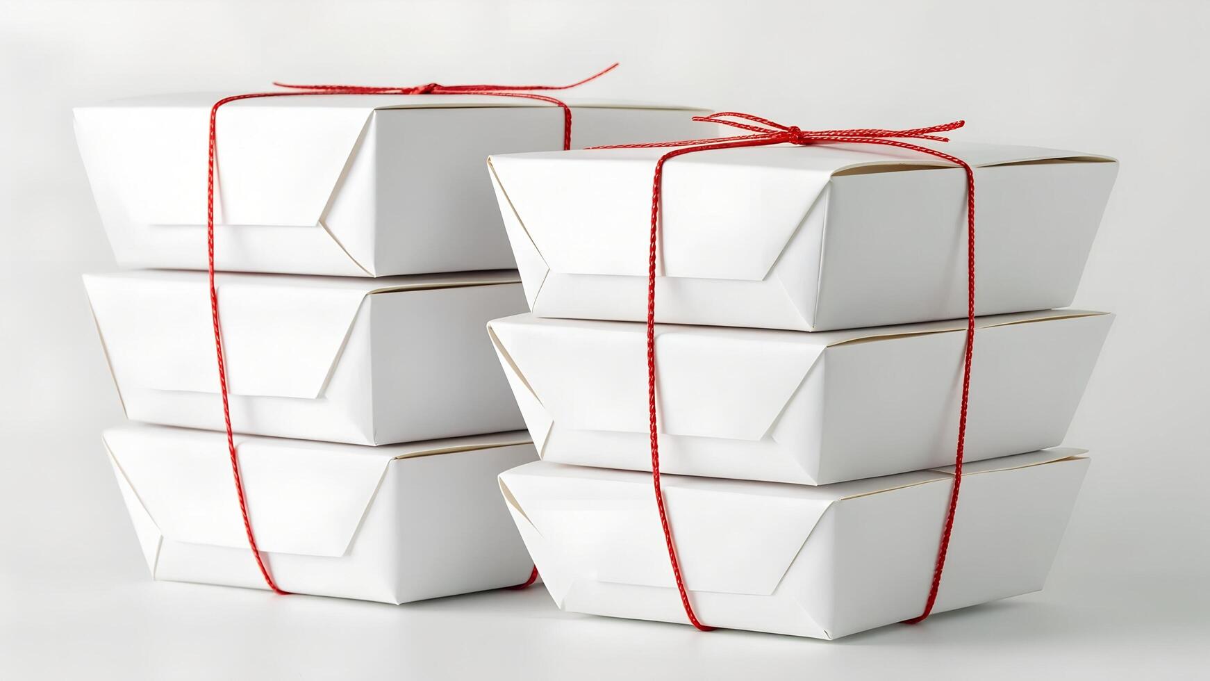 Stack of White Takeout Food Containers Tied With Red String Isolated on White Studio Background photo