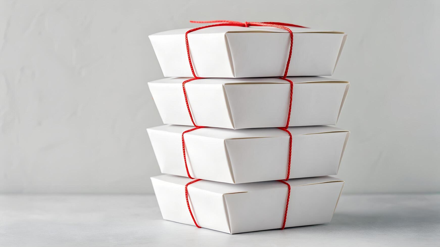 Stack Of Four White Takeaway Food Containers Tied With Red String On White Surface photo