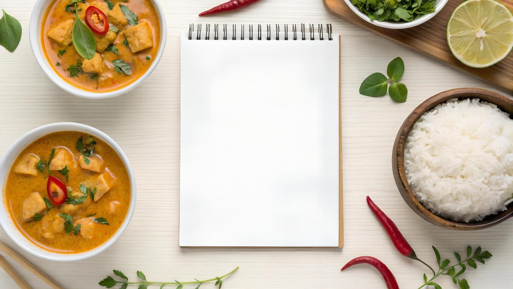 Overhead view of two bowls of curry with rice chopsticks and lime slice on white table with notebook photo