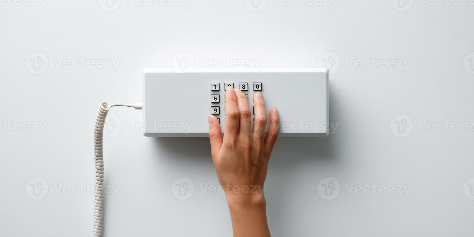 Hand entering security code on intercom keypad photo