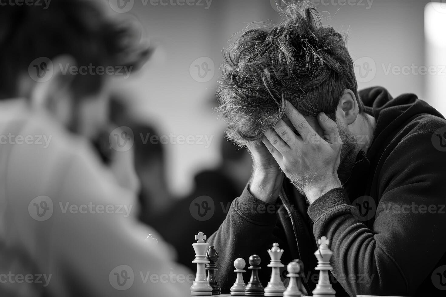 Intense chess match one player exudes joy while the other reacts in horror at a game changing move photo