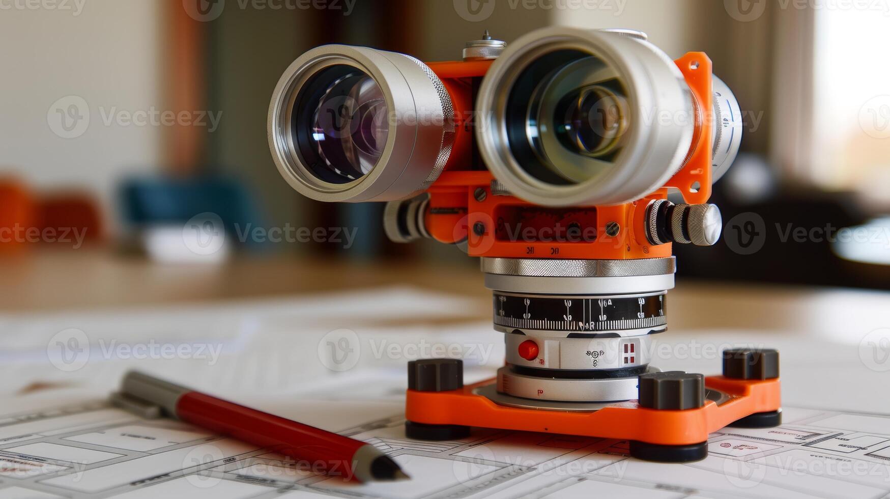 Close up of geodetic instruments for engineering theodolite, leveling rod, and project drawings photo