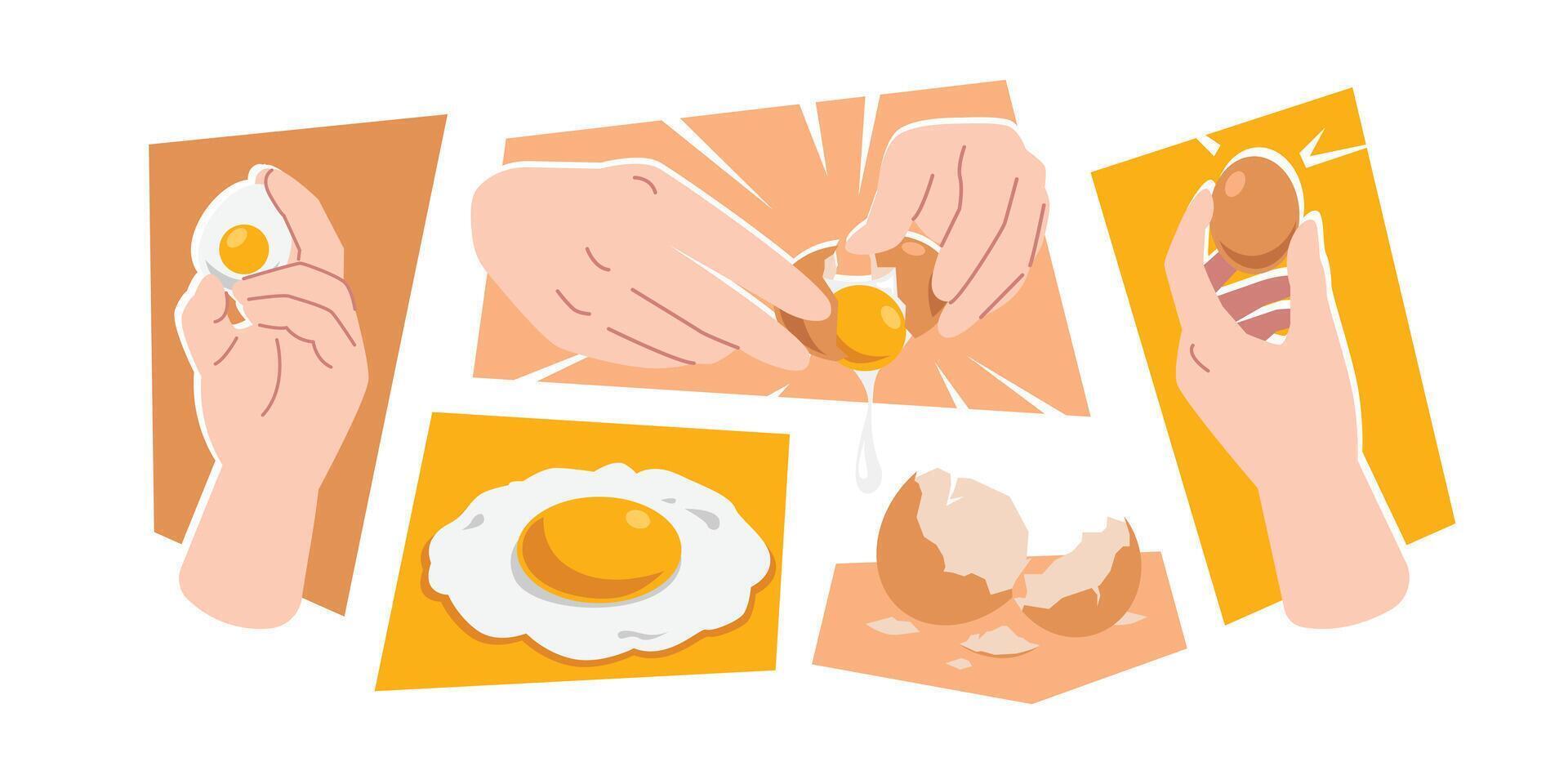 Egg collection hand with boiled egg, whole egg, cracking, fried egg, and eggshell. Graphic illustration. vector