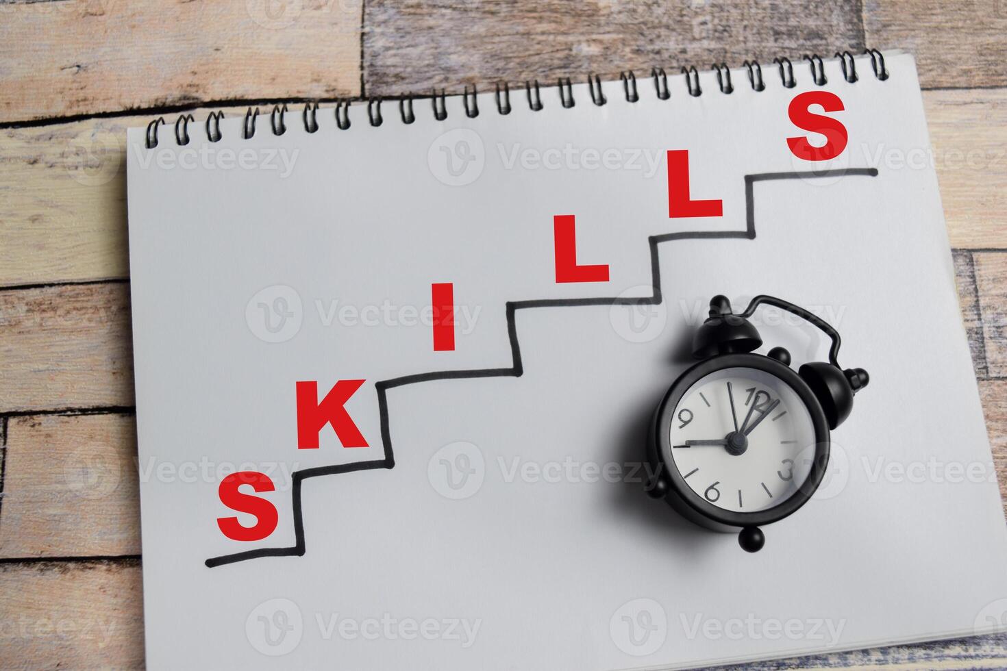 Concept of Skills update write on book with keywords isolated on Wooden Table. photo